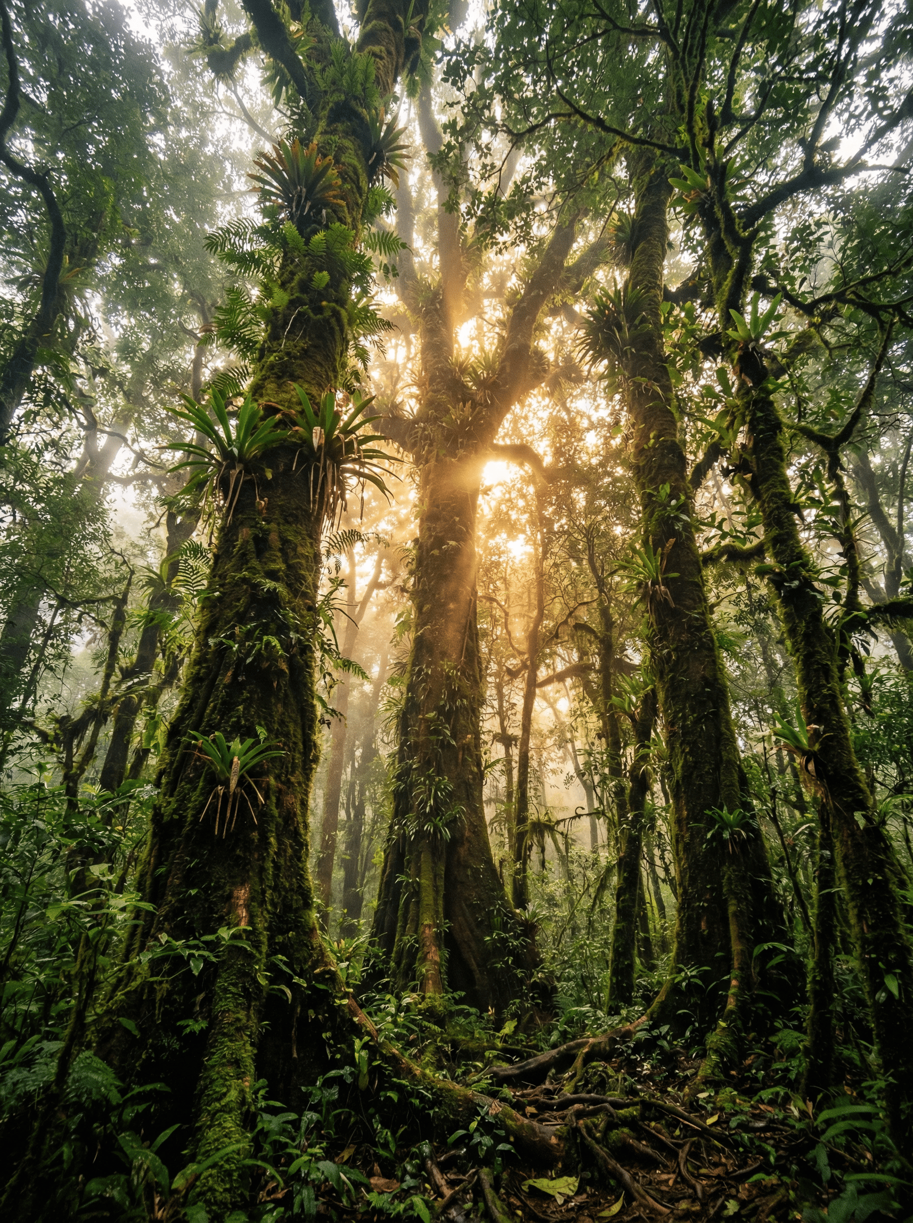 Sunlight filtering through ancient forest